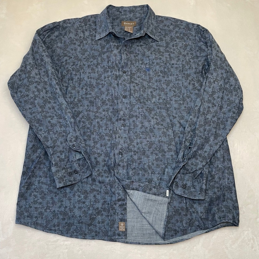 Ariat Dress Shirt Mens XL Blue Girard Classic Fit Poplin Print Button Down AOP